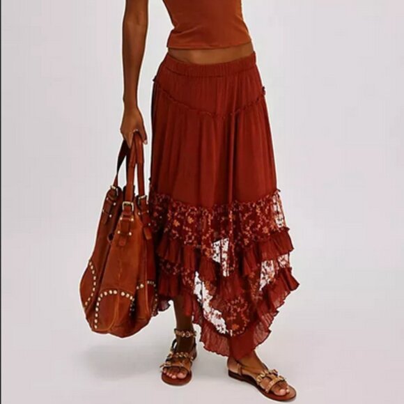 Free People Ashlyn Maxi Skirt Mid-Rise Tiered Ruffle Sheer Embroidered